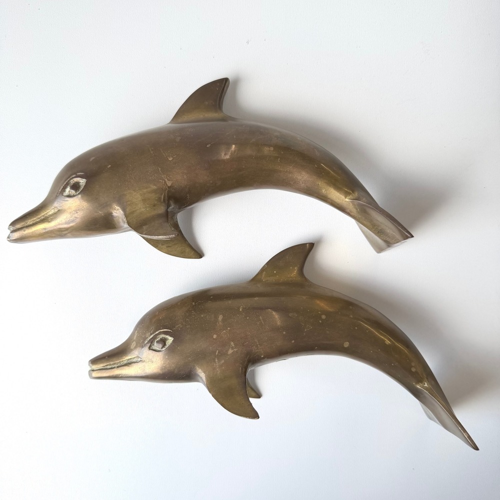 Vintage Brass Dolphin Figurine Statues Gold Nautical Coastal Beach MCM